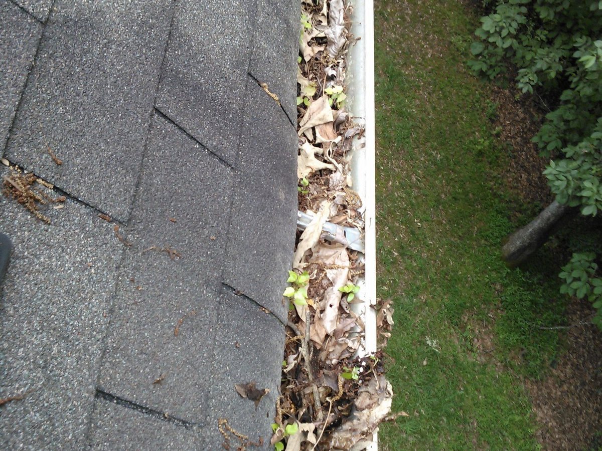 Eavestrough along a shingled roof edge clogged with fallen leaves and debris