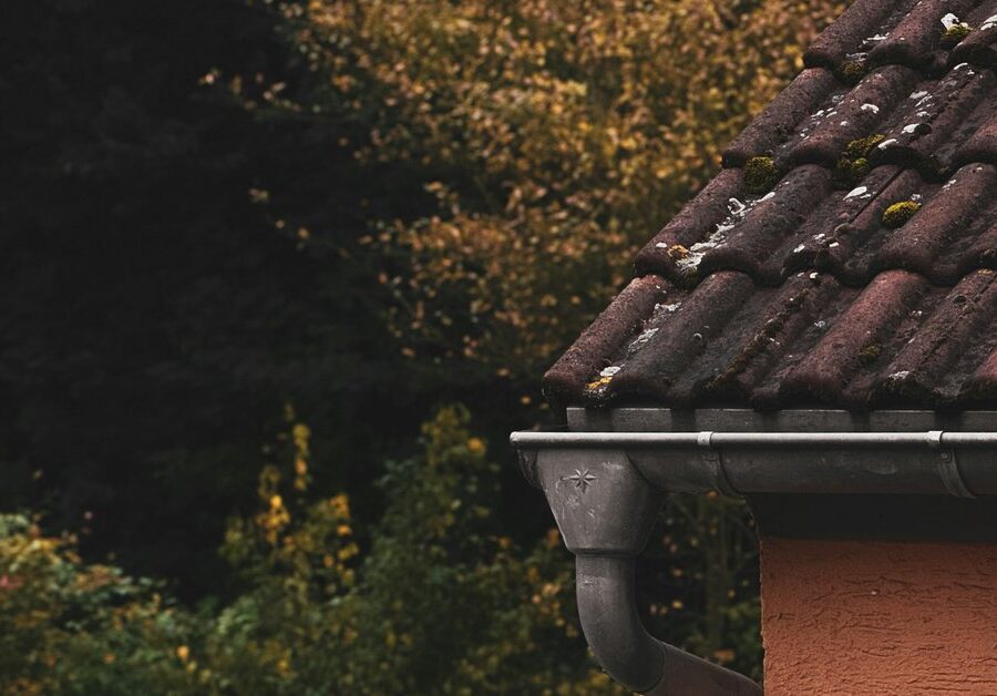 Tiled roof edge and eavestrough beside autumn trees