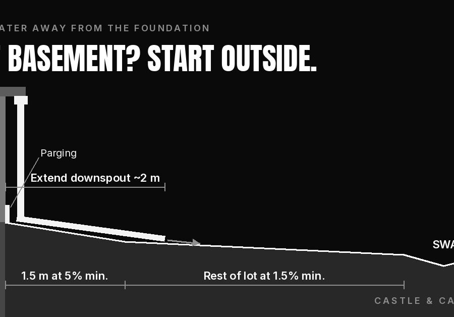 Wet basement? Start outside. Diagram of grading sloping away from a foundation with an extended downspout